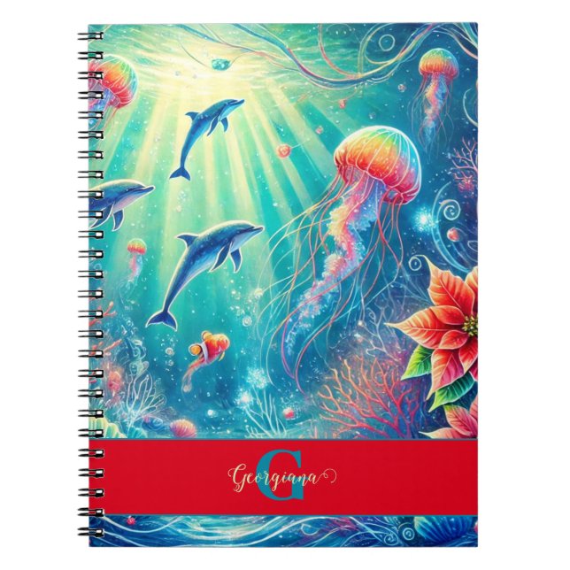Custom Name Whimsical Floral Coral Reef Poinsettia Notebook (Front)