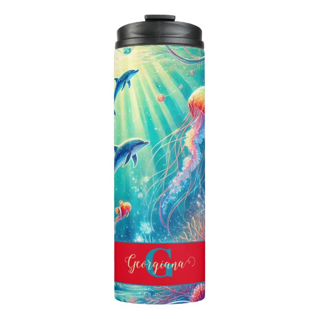 Custom Name Whimsical Floral Coral Reef Poinsettia Thermal Tumbler (Front)