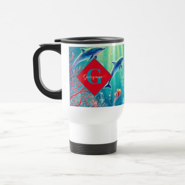 Custom Name Whimsical Floral Coral Reef Poinsettia Travel Mug (Left)