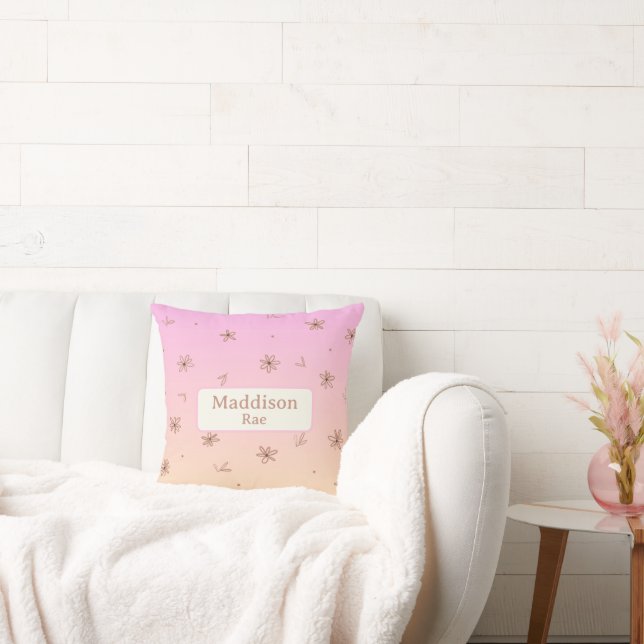 Custom Name Whimsical Nursery Pink Yellow Floral Cushion (Couch)