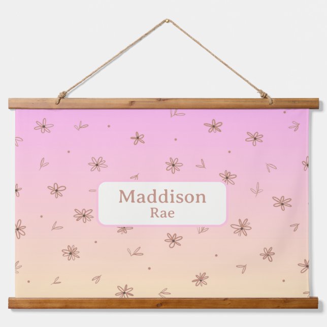 Custom Name Whimsical Nursery Pink Yellow Floral Hanging Tapestry (Front)