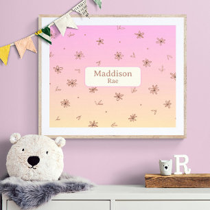Custom Name Whimsical Nursery Pink Yellow Floral Poster