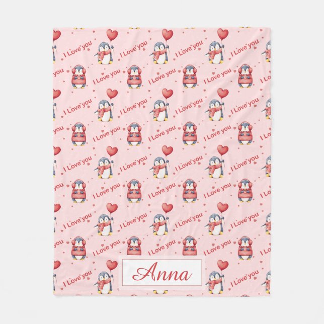Custom Name Whimsical Penguin Kids Fleece Blanket (Front)