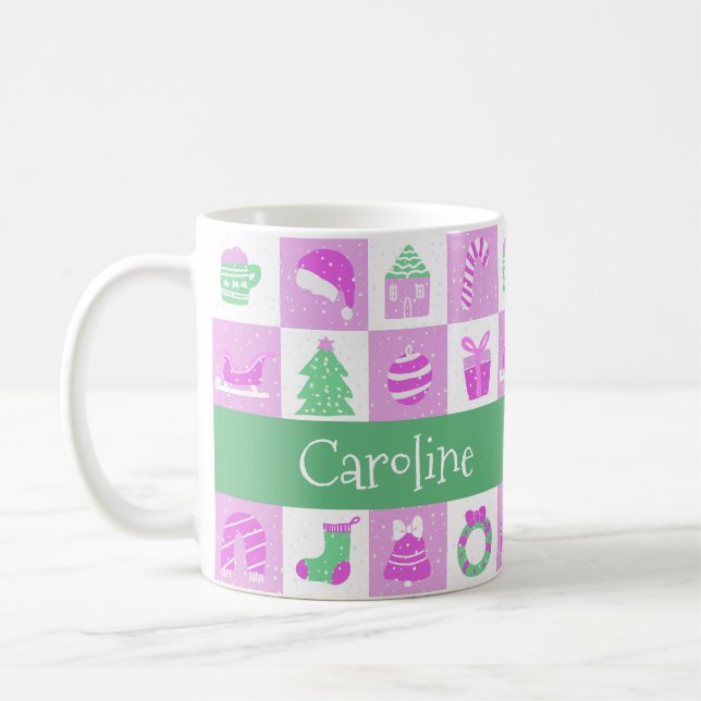 Custom Name Whimsical Pink Xmas Pattern  Coffee Mug (Left)