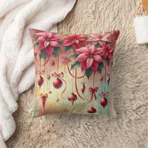 Custom Name Whimsical Poinsettia Christmas Baubles Cushion