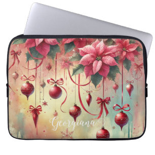 Custom Name Whimsical Poinsettia Christmas Baubles Laptop Sleeve