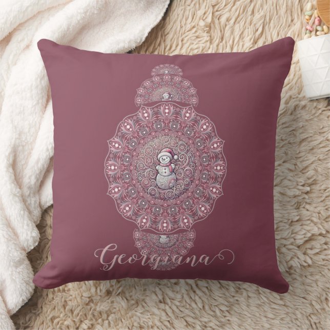 Custom Name Whimsical Snowman Ornamental Mandala Cushion (Blanket)