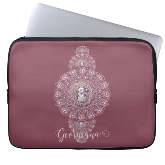 Custom Name Whimsical Snowman Ornamental Mandala Laptop Sleeve (Front)