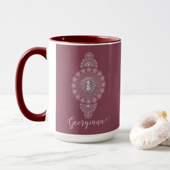 Custom Name Whimsical Snowman Ornamental Mandala Mug (With Donut)