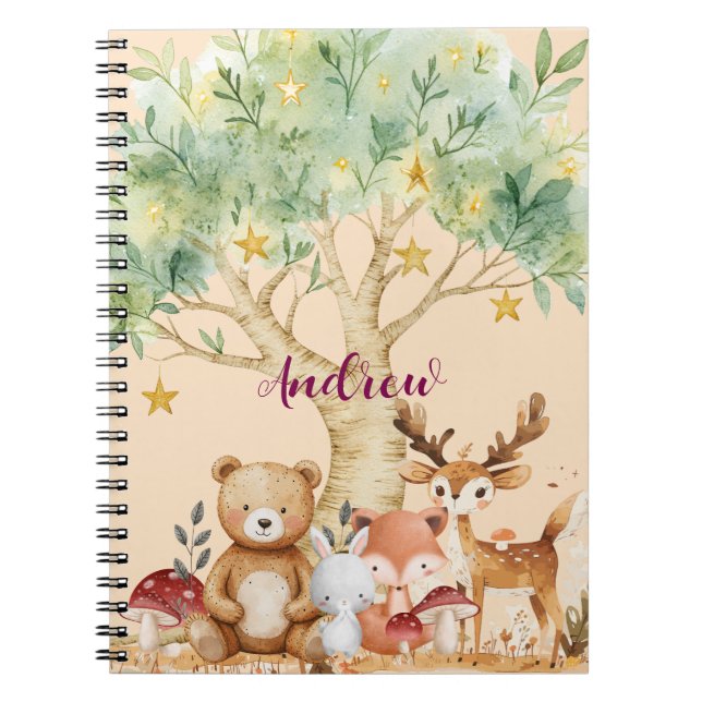 Custom Name Whimsical Woodland Forest Animals Notebook (Front)