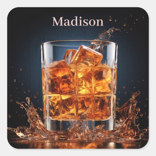 Custom Name Whiskey On The Rocks Square Sticker (Front)