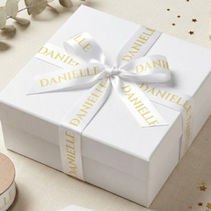 Custom Name White and Gold Satin Ribbon Elegant