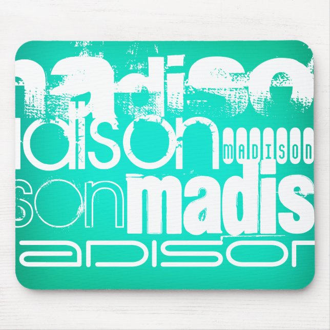 Custom Name, White and Neon Aqua Turquoise Mouse Mat (Front)