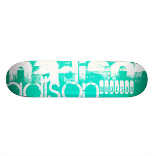 Custom Name, White and Neon Aqua Turquoise Skateboard