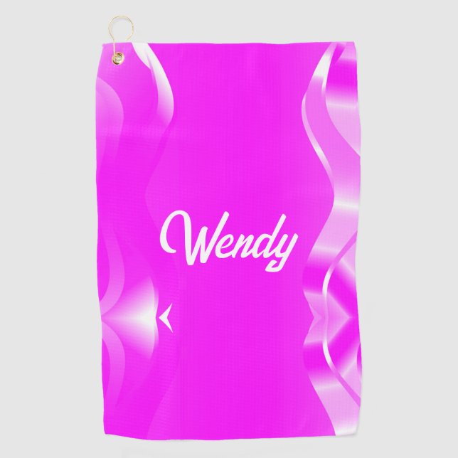 Custom name white and pink wave abstract golf towel (Front)