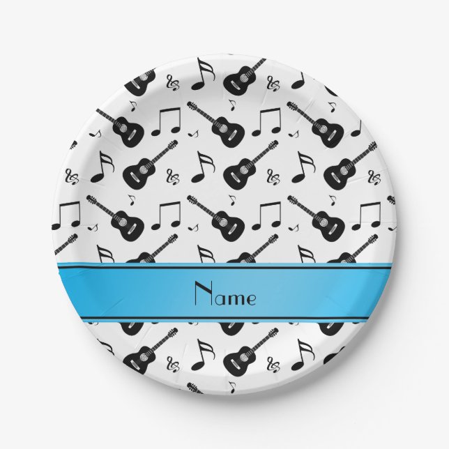 Custom name white black guitars music notes paper plate (Front)