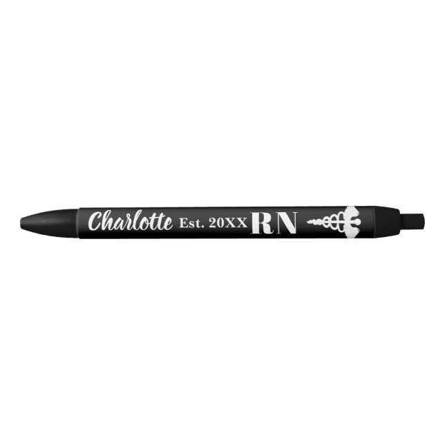 Custom Name White Caduceus Registered Nurse Black Ink Pen (Front)
