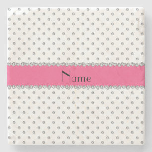 Custom name white diamonds pink heart stripe stone coaster
