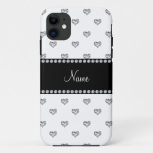 Custom name white heart diamonds black stripe iPhone 11 case
