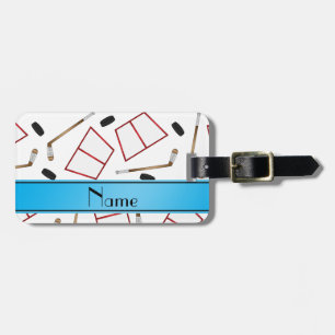 Custom name white hockey sticks pucks nets luggage tag