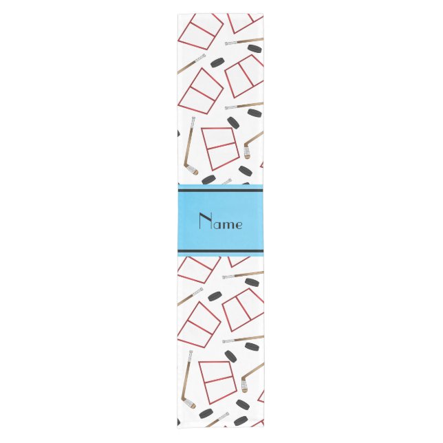 Custom name white hockey sticks pucks nets short table runner (Front)