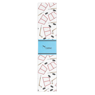 Custom name white hockey sticks pucks nets short table runner