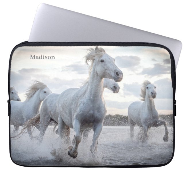 Custom Name White Horses Laptop Sleeve (Front)