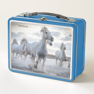 Custom Name White Horses Metal Lunch Box