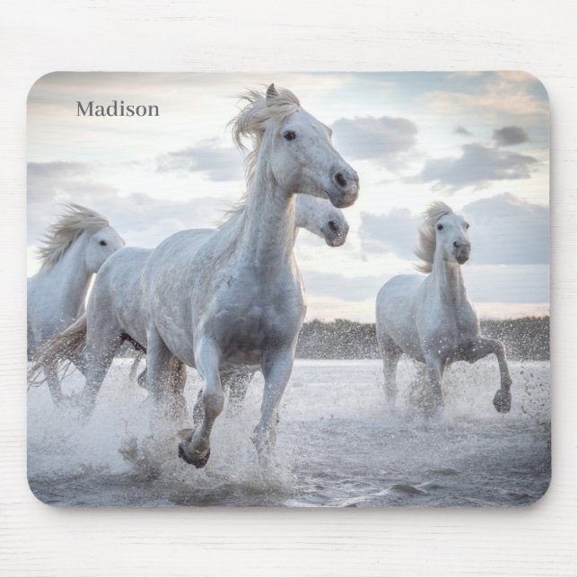 Custom Name White Horses Mouse Mat (Front)