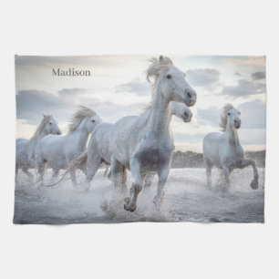 Custom Name White Horses Tea Towel