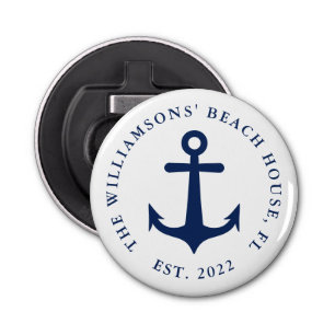Custom Name White Navy Blue Anchor Nautical Bottle Opener