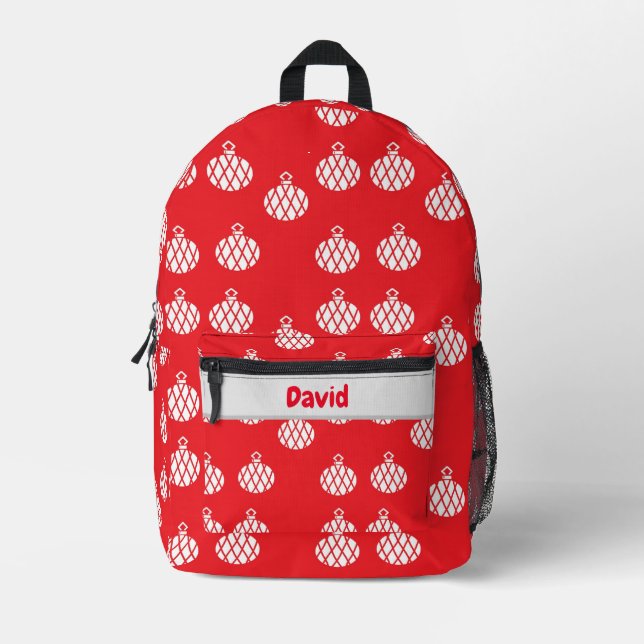 Custom name white ornaments on red printed backpack (Front)