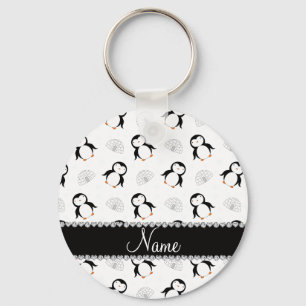 Custom name white penguins igloos snowflakes key ring