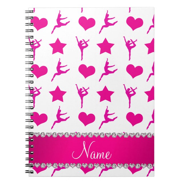 Custom name white pink gymnastics stars hearts notebook (Front)