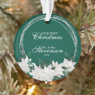 Custom Name White Poinsettia Floral Christmas Cera Ornament