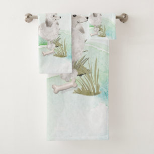 Custom Name White Poodle Pet Dog Bath Towel Set