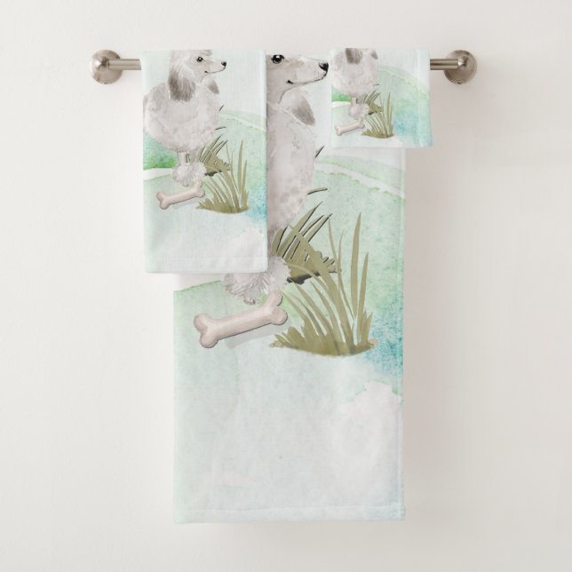 Custom Name White Poodle Pet Dog Bath Towel Set (Insitu)