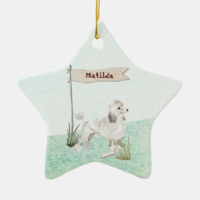 Custom Name White Poodle Pet Dog Ceramic Tree Decoration (Front)