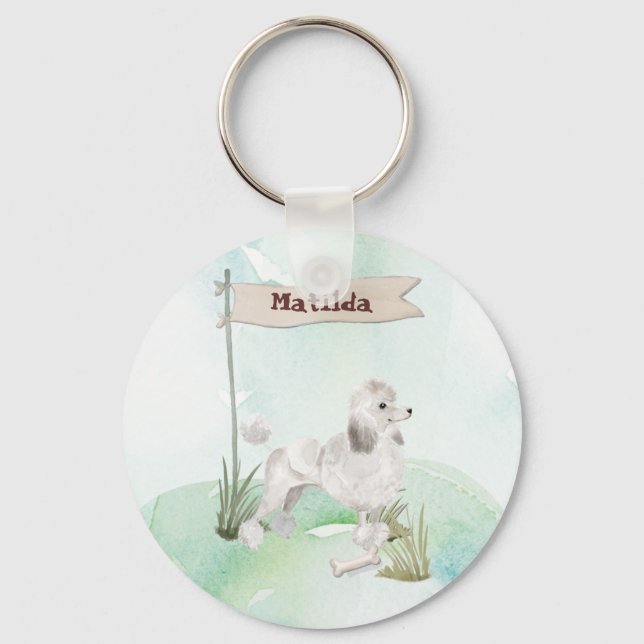 Custom Name White Poodle Pet Dog Key Ring (Front)