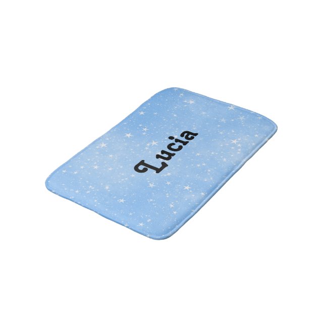 Custom name white stars on blue bath mat (Angled)