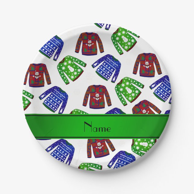 Custom name white ugly christmas sweater pattern paper plate (Front)