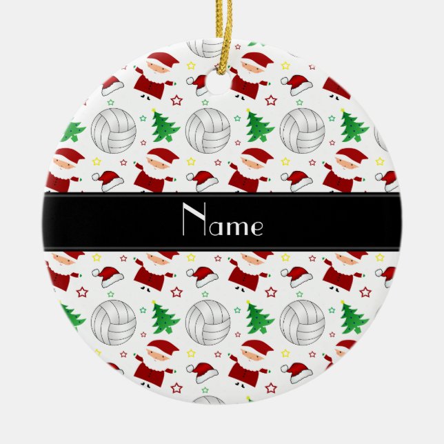 Custom name white volleyball christmas pattern ceramic tree decoration (Front)