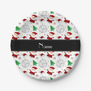 Custom name white volleyball christmas pattern paper plate