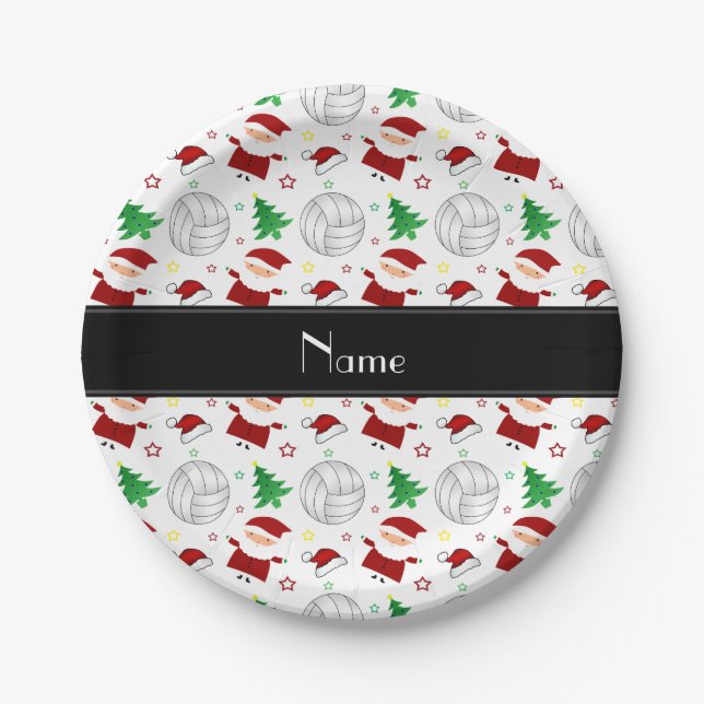 Custom name white volleyball christmas pattern paper plate (Front)