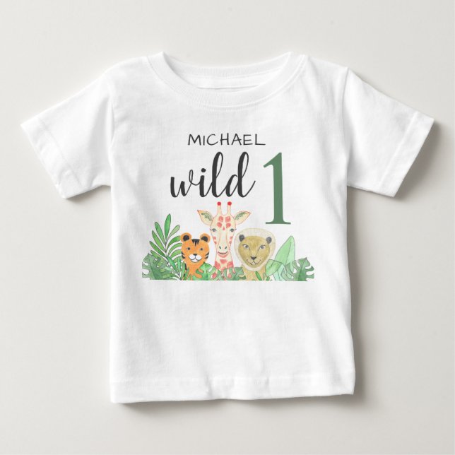Custom Name Wild One Jungle Animals Greenery  Baby T-Shirt (Front)