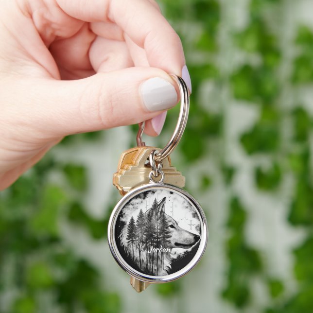 Custom Name Wilderness Wolf Head Key Ring (Hand)