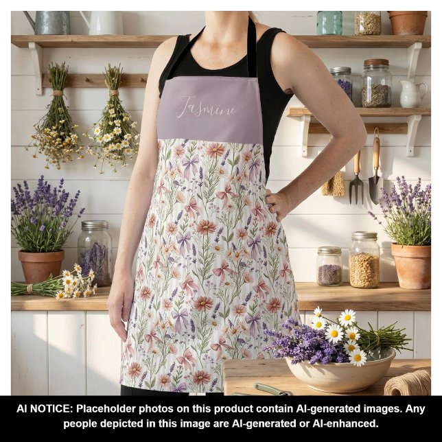 Custom Name wildflowers boho garden bow pattern Apron (Creator Uploaded)