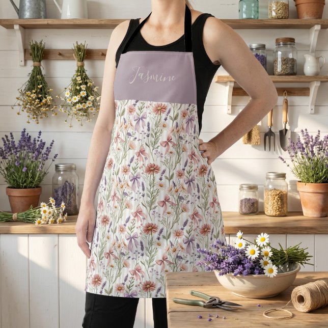 Custom Name wildflowers boho garden bow pattern Apron (Creator Uploaded)