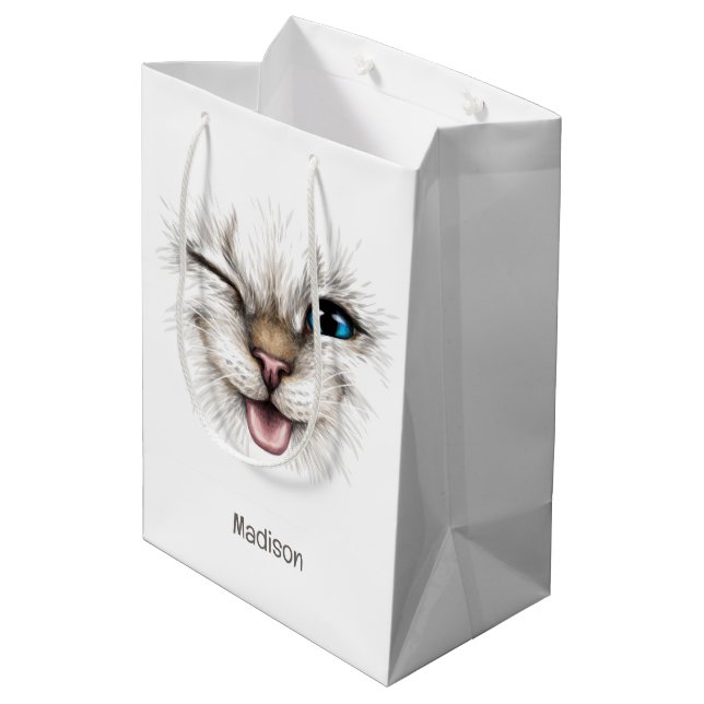 Custom Name Winking Cat Medium Gift Bag (Back Angled)