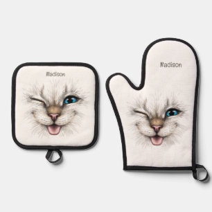Custom Name Winking Cat Oven Mitt & Pot Holder Set